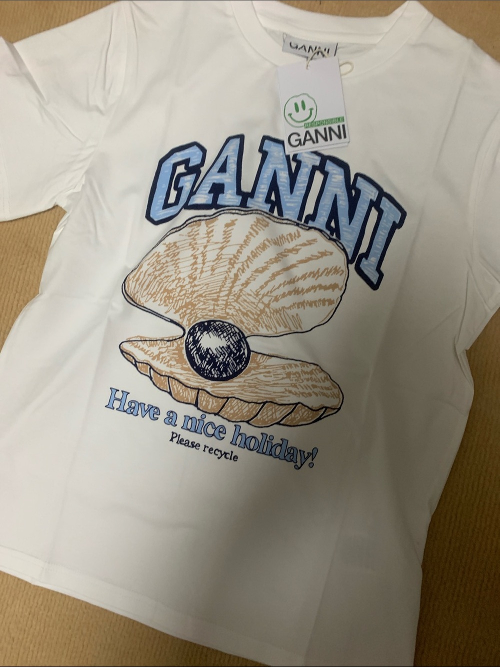 Ganni White Short Sleeve Tee with Navy Logo and Tan Pearl Shell - Picture 2 of 6